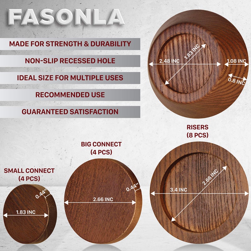 FASONLA Bed Risers, Furniture Risers (Set of 8-Height 1") Can be Adjusted to 2'' 3''or 4'', Lifts Furniture Risers, Solid Natural Wood Risers, Non-Slip Recessed Hole (Walnut Color) - Image 3